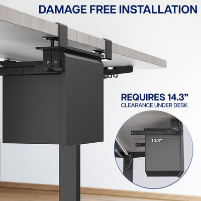 Black under-desk clamp on cabinet with clearance requirement text on a white background