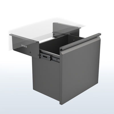 Under Desk Filing Cabinet with open drawer on a white blue gradient background