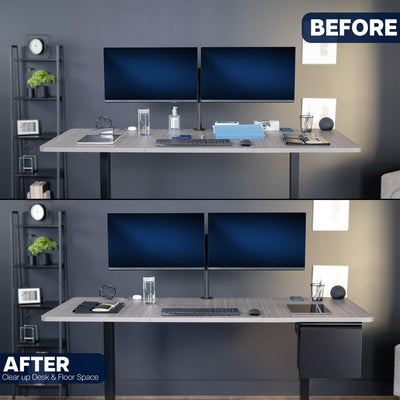 Before and after comparison of a desk setup with desk accessories showing benefit of an under desk filing cabinet to save desk and floor space.