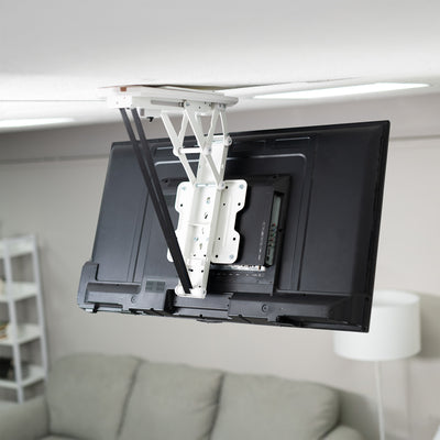 TV mounted on a ceiling bracket  in a living room setting