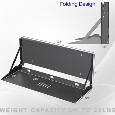 Wall-mounted flip down keyboard tray platform. Low profile design folds up and out of the way when not in use. Velcro included to keep keyboard in place. Fits a standard-sized keyboard and mouse (mouse pad included). Mount to drywall, wood studs, brick, or concrete.