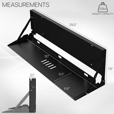 Large black wall-mounted flip down keyboard tray platform. Low profile design folds up and out of the way when not in use. Velcro included to keep keyboard in place. Fits a standard-sized keyboard and mouse (mouse pad included). Mount to drywall, wood studs, brick, or concrete.