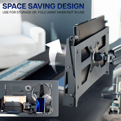 VIVO Wall and VESA Laptop Holder Mounted to Monitor Arm in a Closed Position to Demonstrate Space Saving
