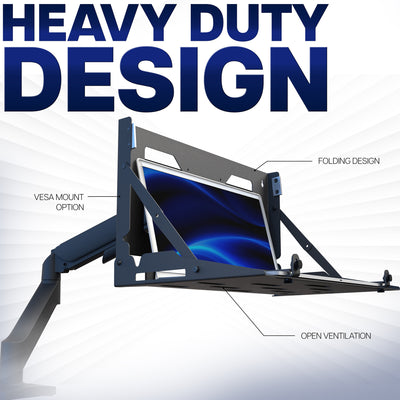 VIVO VESA mount shown to be heavy duty with a folding design and open ventilation while mounted to a monitor arm