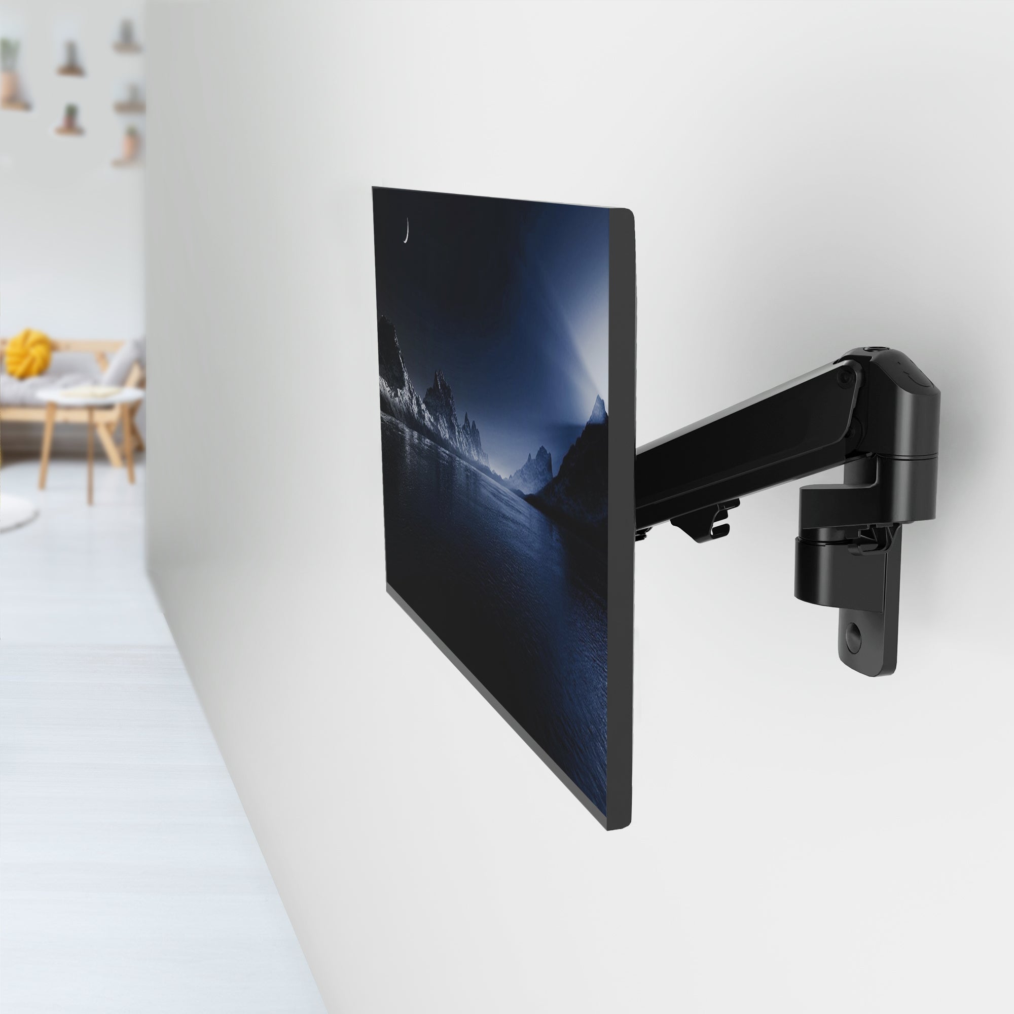 Sturdy aluminum wall mount for TV with articulation and integrated cable management.