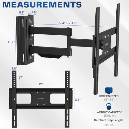 Outdoor Full Motion 32" to 85" Gazebo TV Mount Measurements and Specifications.