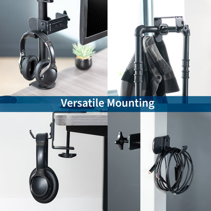 Heavy-duty under desk or desk leg clamp hook to hold accessories, bags, coats, and more. Weight capacity of up to 33 pounds and can clamp on almost anywhere.