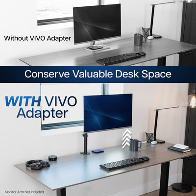 Comparison of desk space with and without a VIVO adapter, showing a larger workspace with the adapter.