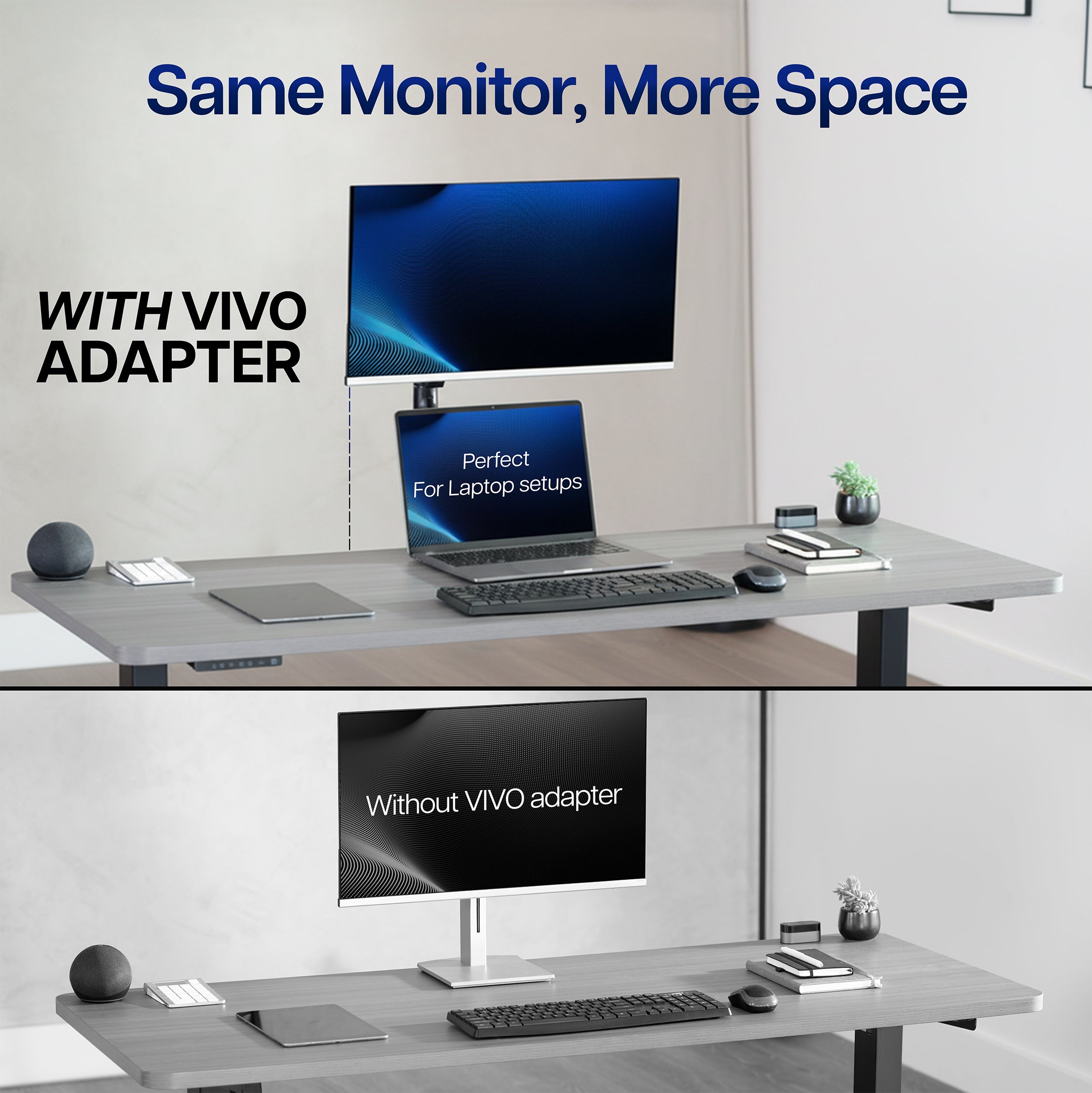Monitor mounted using the VESA Adapter for Compatible HP Monitors to free desk space for a laptop
