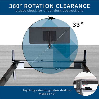 Low-profile under desk keyboard tray with 360-degree rotation.