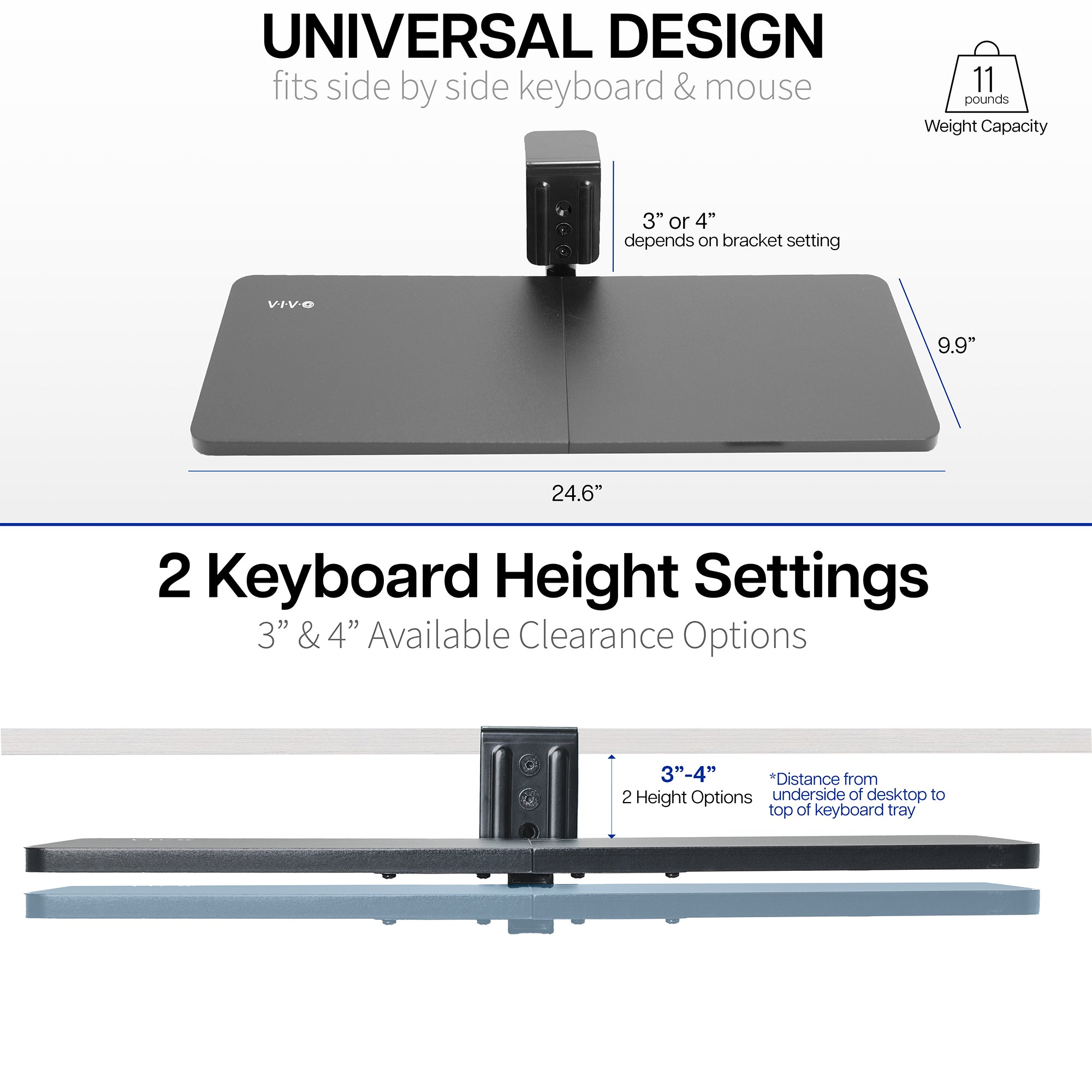 Clamp-on Rotating Computer Keyboard and Mouse Tray, Swiveling 25 x 10 inch Platform with Extra Sturdy Single Desk Clamp, Ergonomic Typing