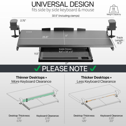 Clamp-on keyboard tray with pencil drawer for convenient space-saving desk workstation.