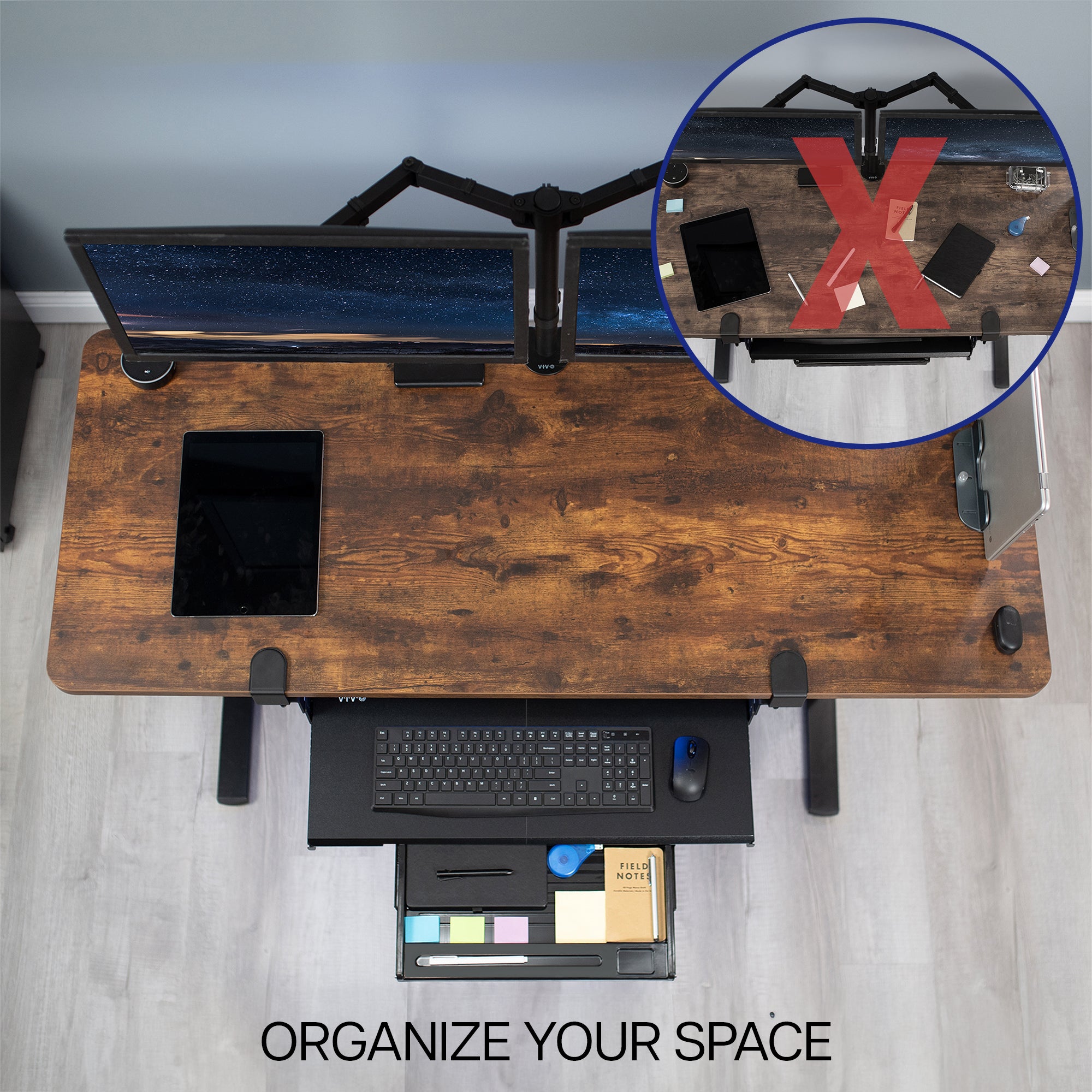 Clamp-on keyboard tray with pencil drawer for convenient space-saving desk workstation.