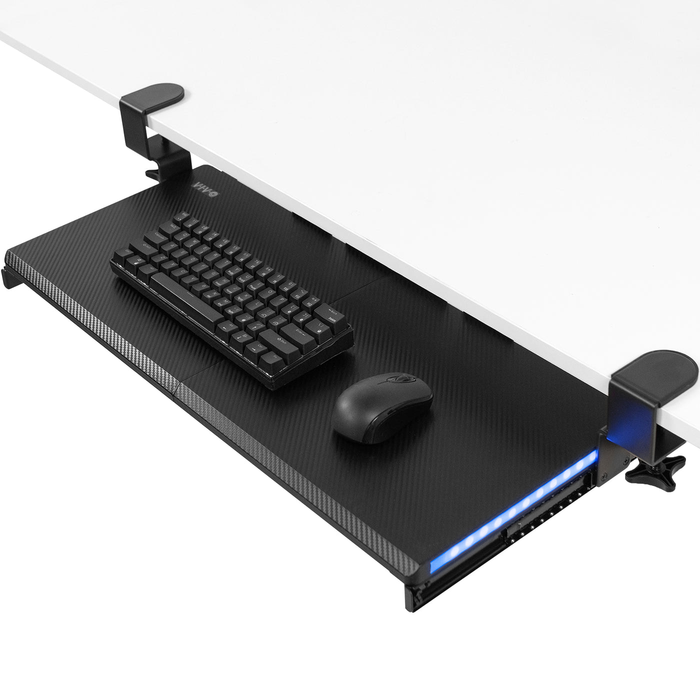 Clamp-on desk keyboard tray with RGB side lights.