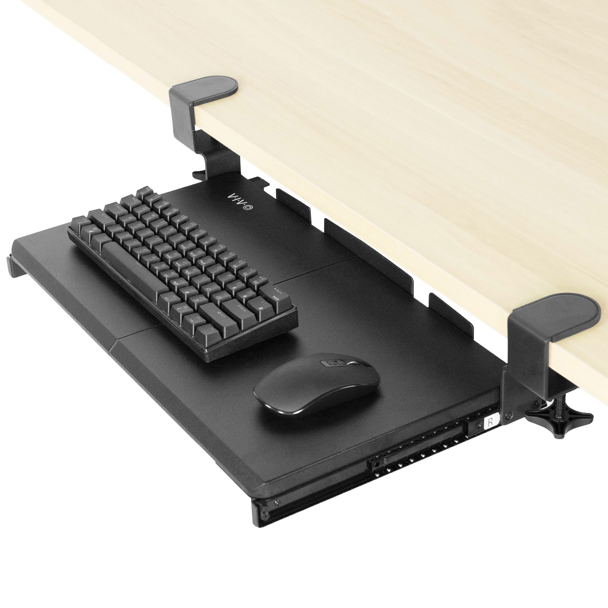 Compact clamp-on pullout keyboard tray.