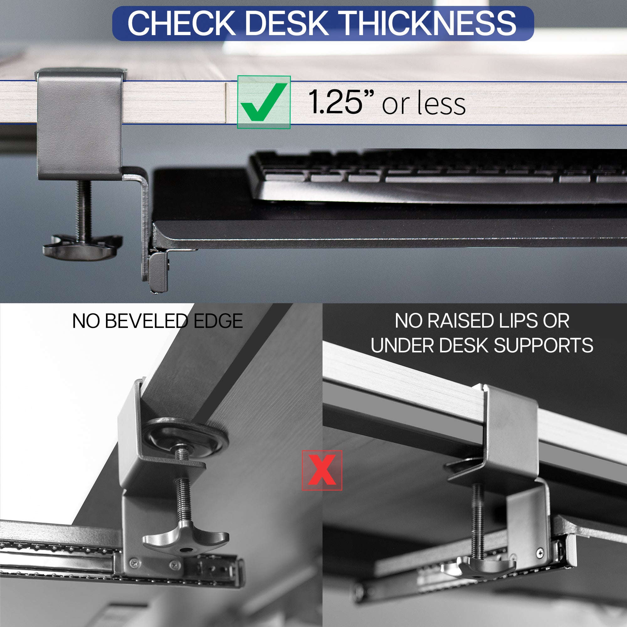 Compact clamp-on pullout keyboard tray.