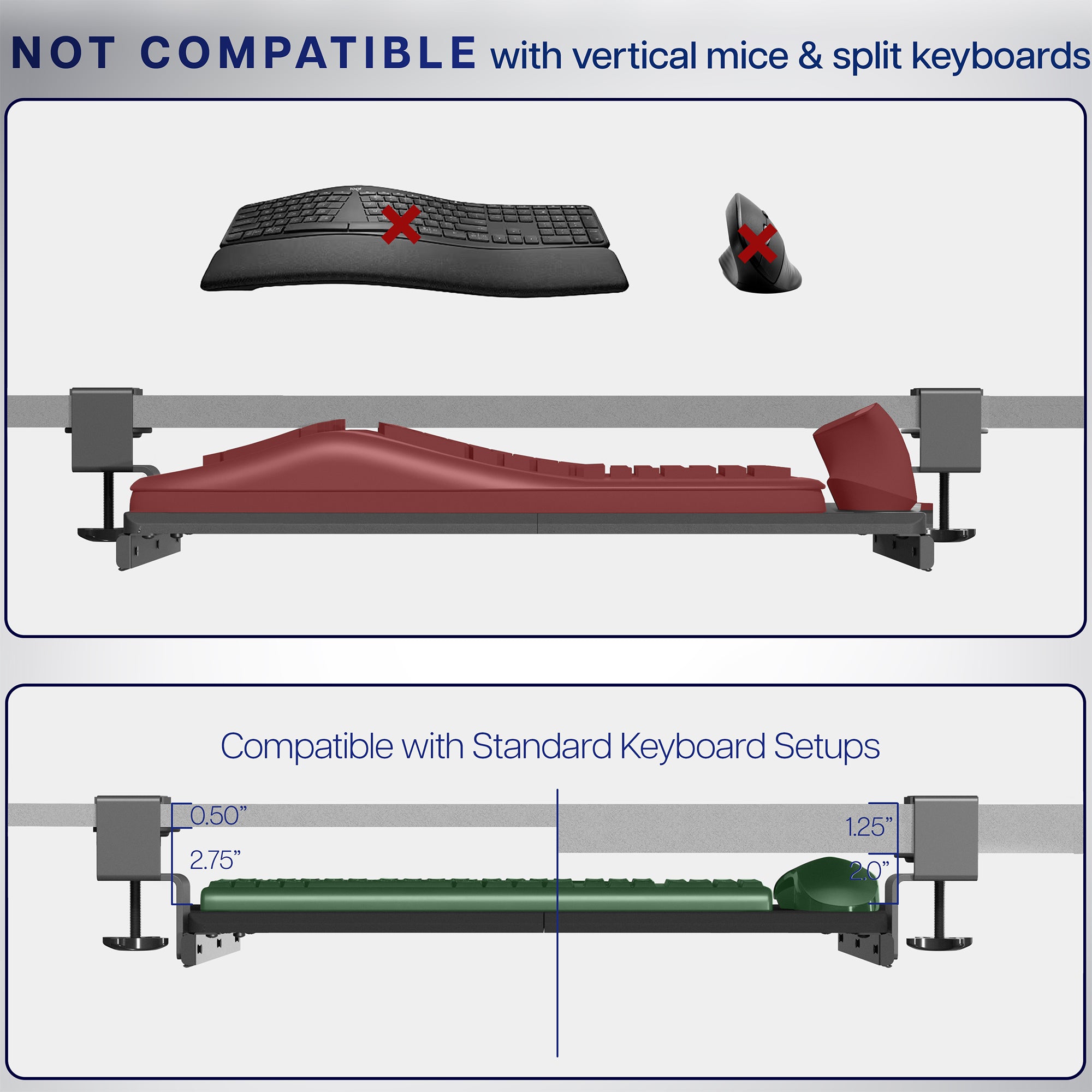 Compact clamp-on pullout keyboard tray.