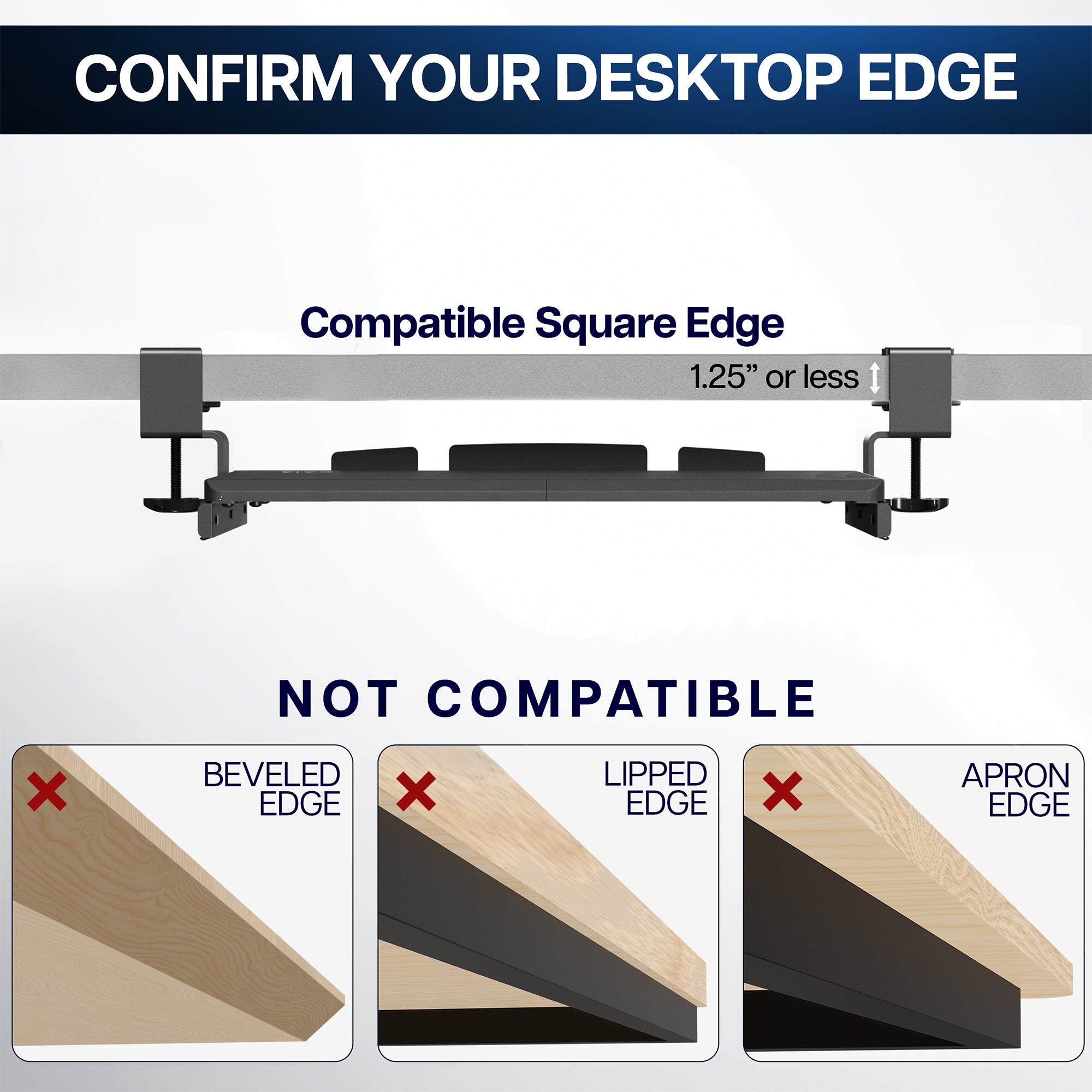 Compact clamp-on pullout keyboard tray.