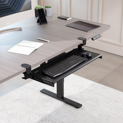 Sleek design with C-clamps and sliding tray for a clean and tidy workstation.