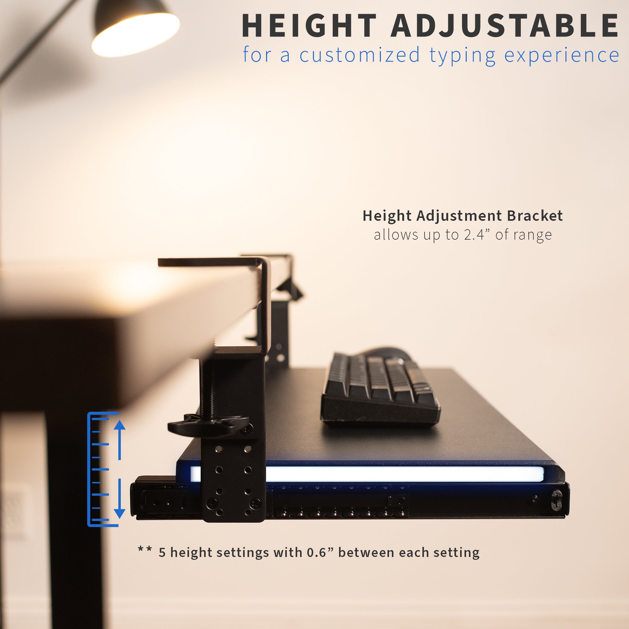 Clamp-on Height Adjustable Keyboard Tray with RGB Lights