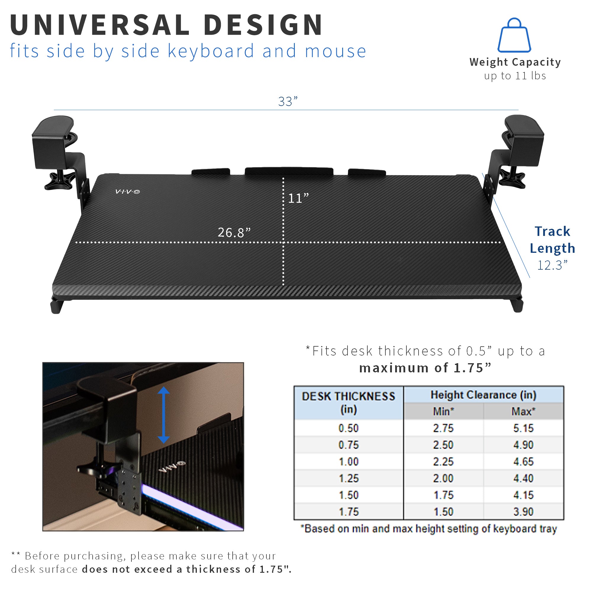 Clamp-on Height Adjustable Keyboard Tray with RGB Lights