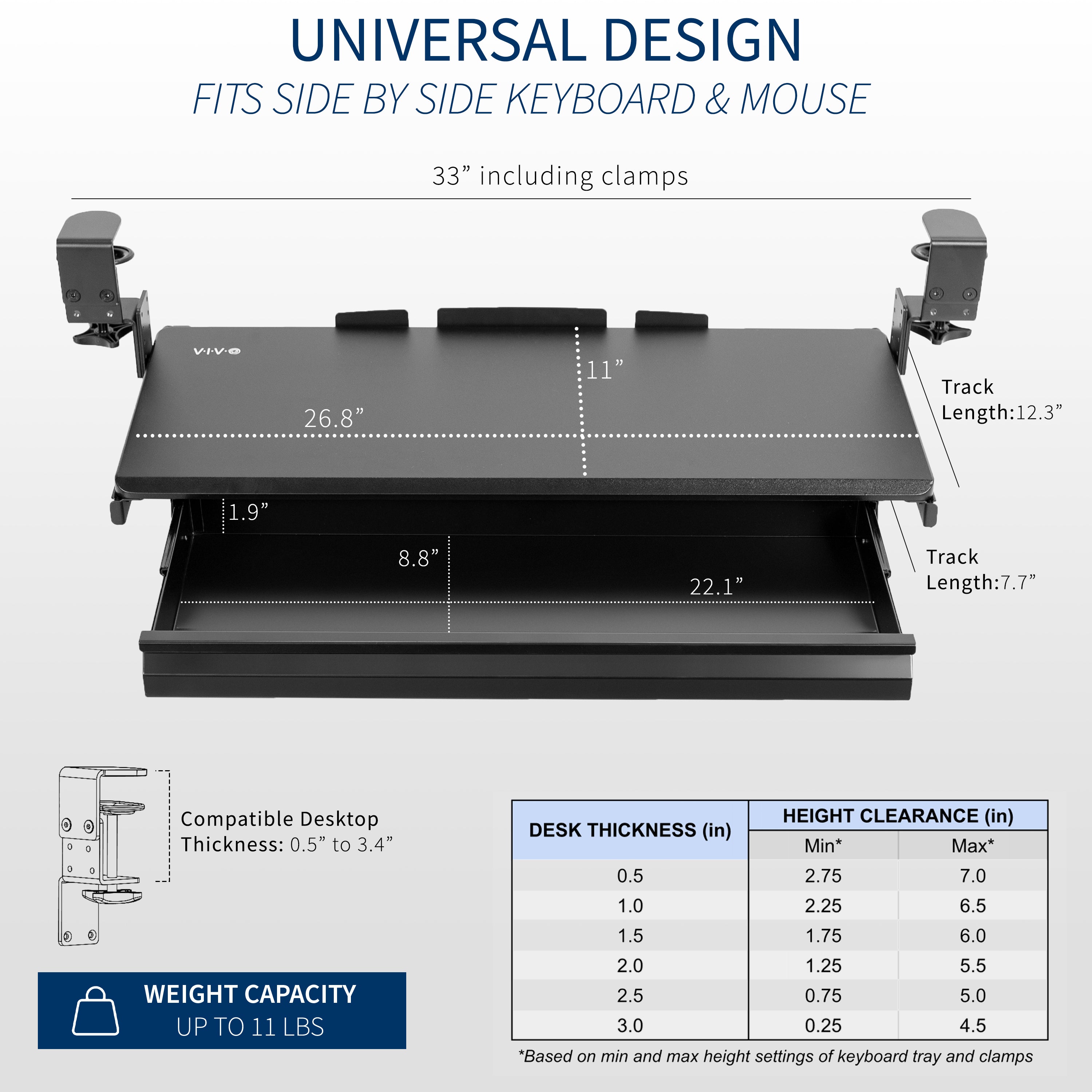 Under desk height adjustable pull-out sliding keyboard tray with storage drawer.