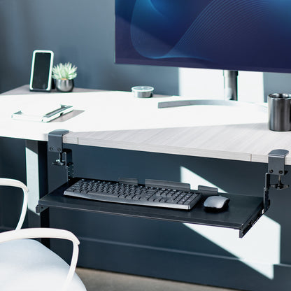 Ergonomic convenient clamp-on pullout keyboard tray.