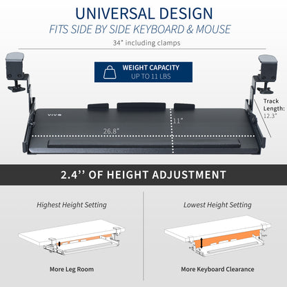 Modern pull-out clamp-on height adjustable tilting keyboard tray. Clamps can swivel to accommodate corner desk setups.