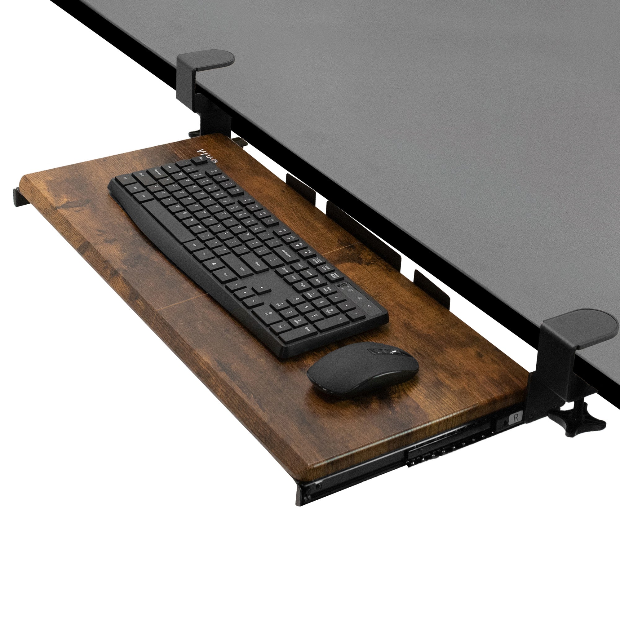 Sleek design with C-clamps and sliding tray for a clean and tidy workstation.