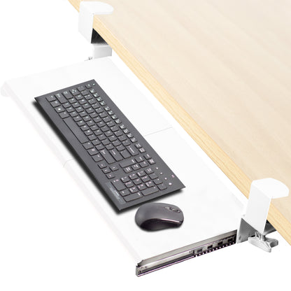 Sleek design with C-clamps and sliding tray for a clean and tidy workstation.