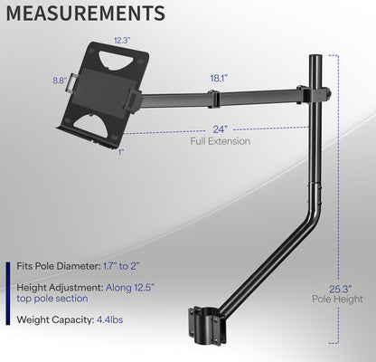 Office chair mounted laptop tray with adjustable extension arm.