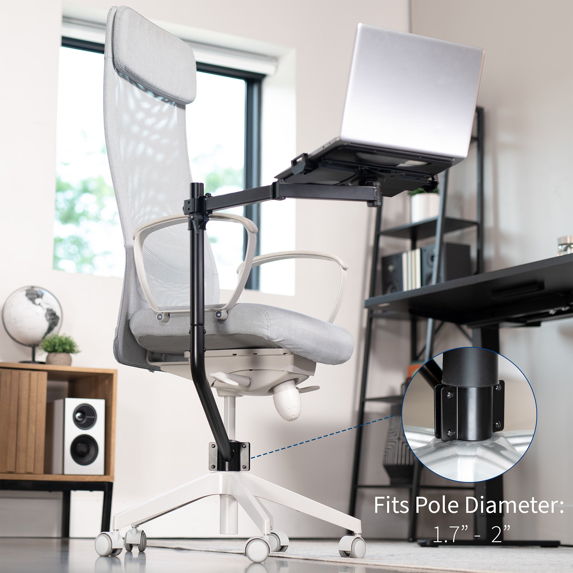 Office chair mounted laptop tray with adjustable extension arm.