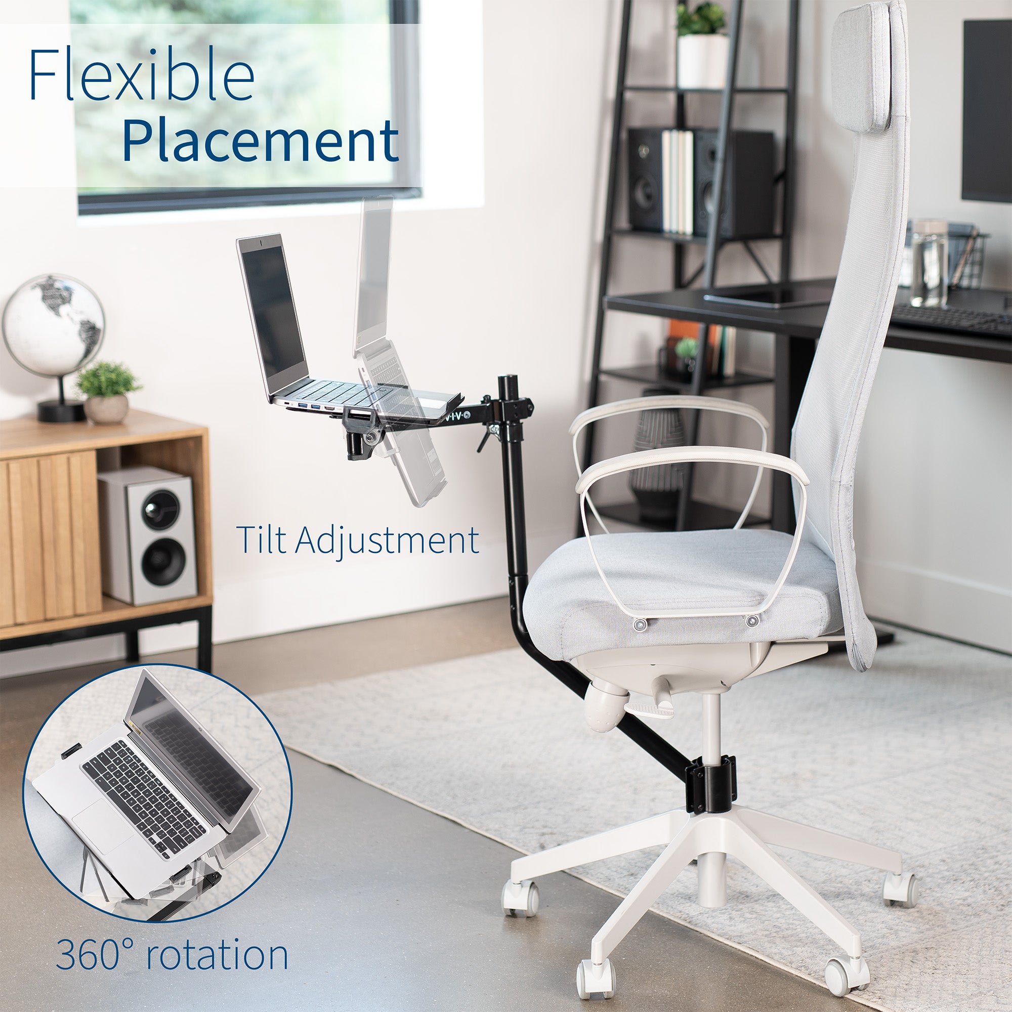 Office chair mounted laptop tray with adjustable extension arm.