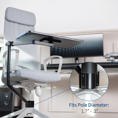 Office chair pole mounting keyboard tray with height adjustment, tilt, and rotation.