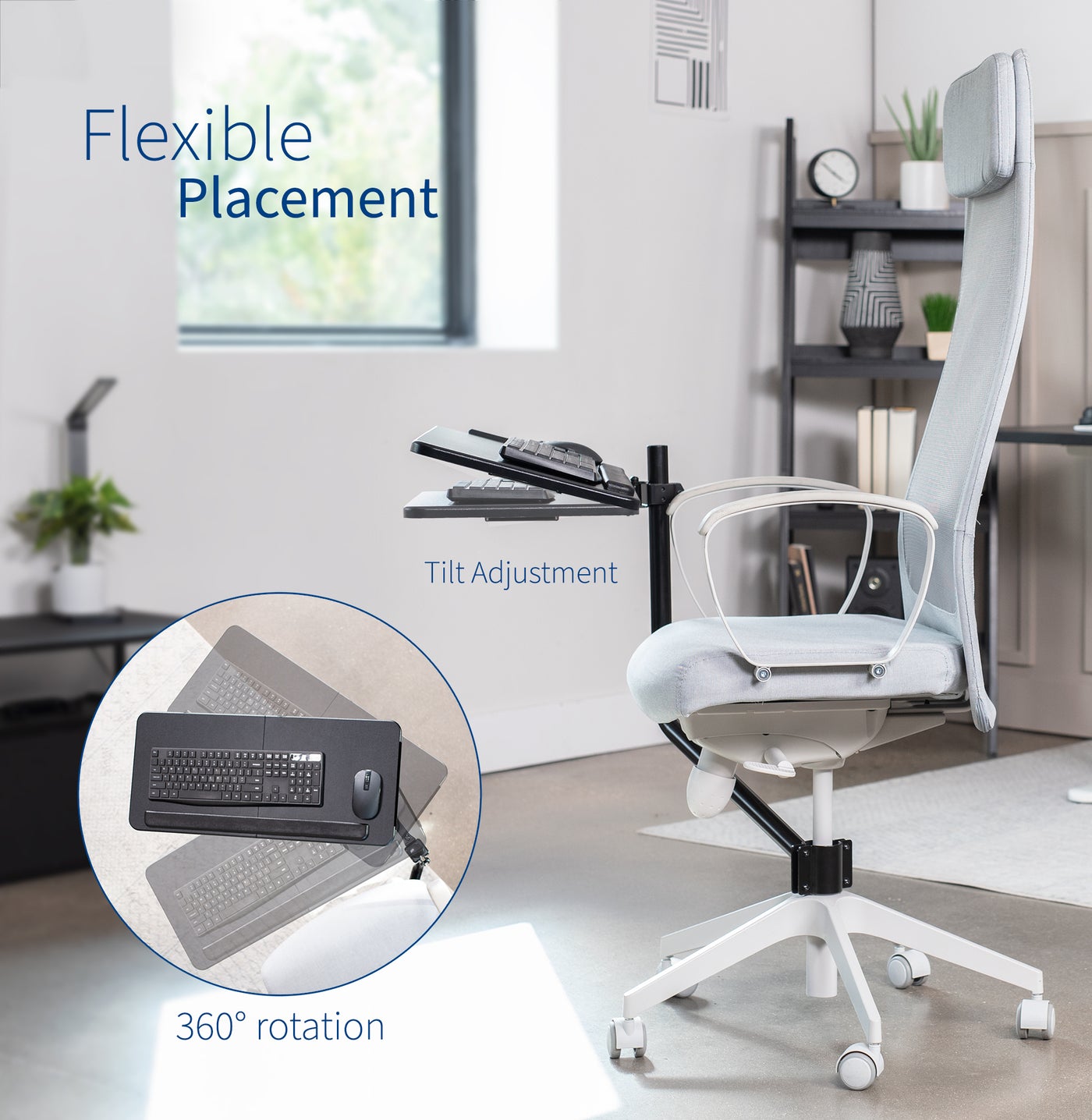 Office chair pole mounting keyboard tray with height adjustment, tilt, and rotation.