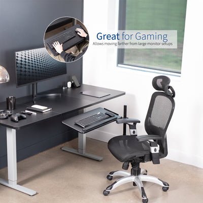 Office chair pole mounting keyboard tray with height adjustment, tilt, and rotation.