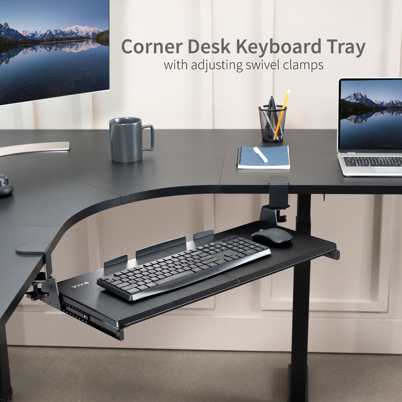 Under desk corner keyboard tray platform with adjustable swivel clamps for an ergonomic workspace.