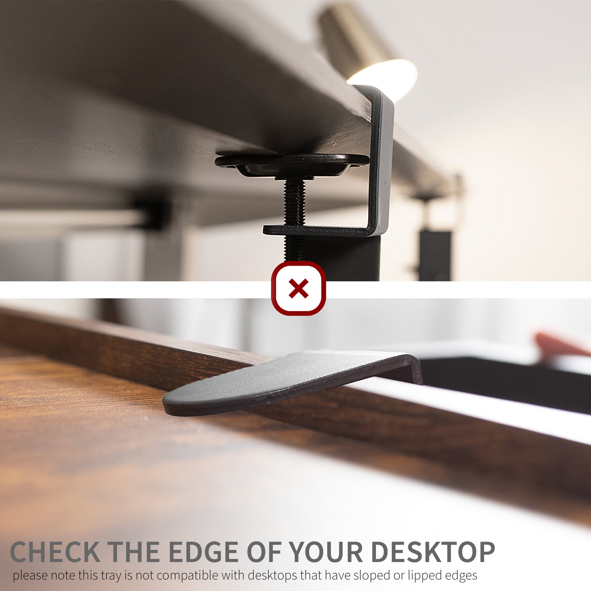 Under desk corner keyboard tray platform with adjustable swivel clamps for an ergonomic workspace.