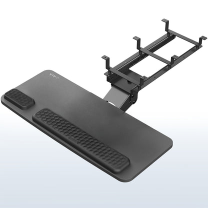 An under desk keyboard tray setup with a black keyboard and mouse on the tray, attached to a metal bracket under the desk.
