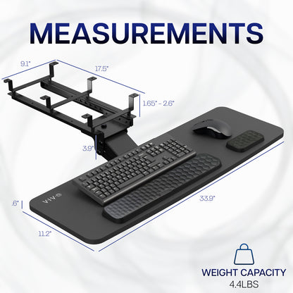 Adjustable under desk pull out keyboard tray mount with included padding.