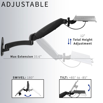 Sturdy steel pneumatic height adjustable keyboard tray wall mount.