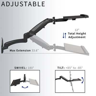Sturdy steel pneumatic height adjustable keyboard tray wall mount with articulation.