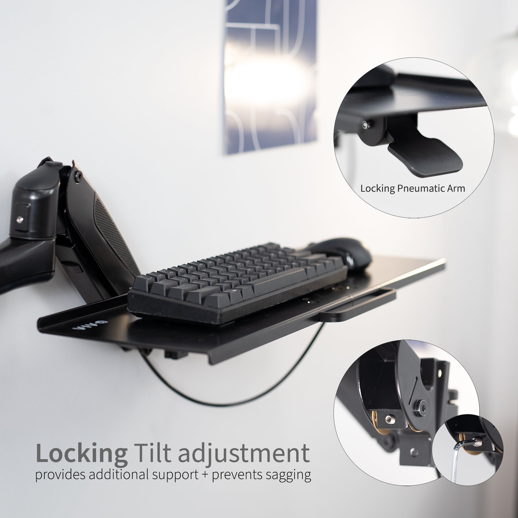 Sturdy steel pneumatic height adjustable keyboard tray wall mount.