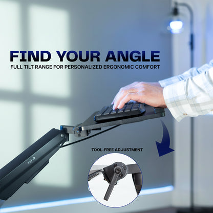 Ergonomic keyboard tray with tool-free adjustment feature, shown in use.