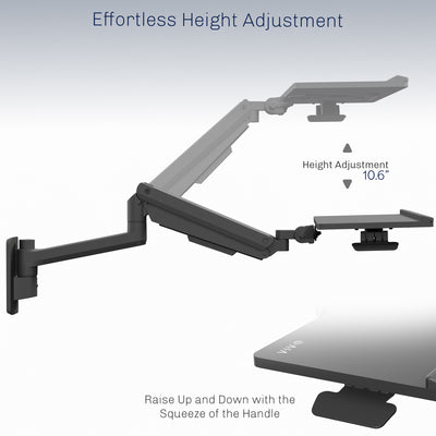 A wall mounted keyboard tray with a pneumatic mechanism with text on ease of height adjustment. 