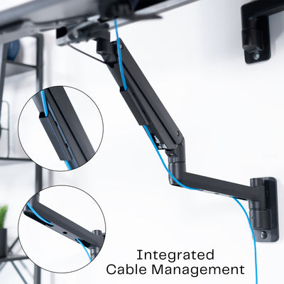 A wall mounted keyboard tray with a pneumatic mechanism with a built-in cable management. 