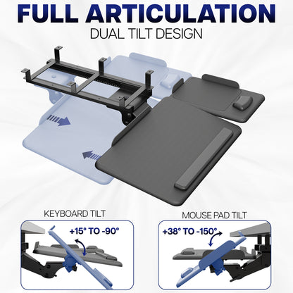 Adjustable keyboard tray with dual tilt design.