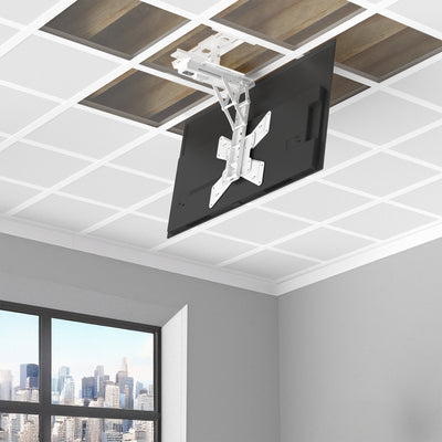 Ceiling-mounted TV bracket in an office setting with a cityscape view.