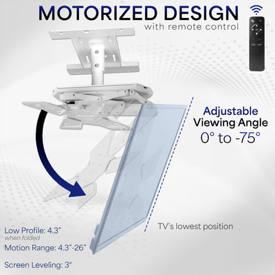 Motorized TV mount with adjustable viewing angle and remote control on a white background