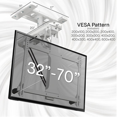Ceiling mount for TVs with dimensions and VESA pattern on a white background